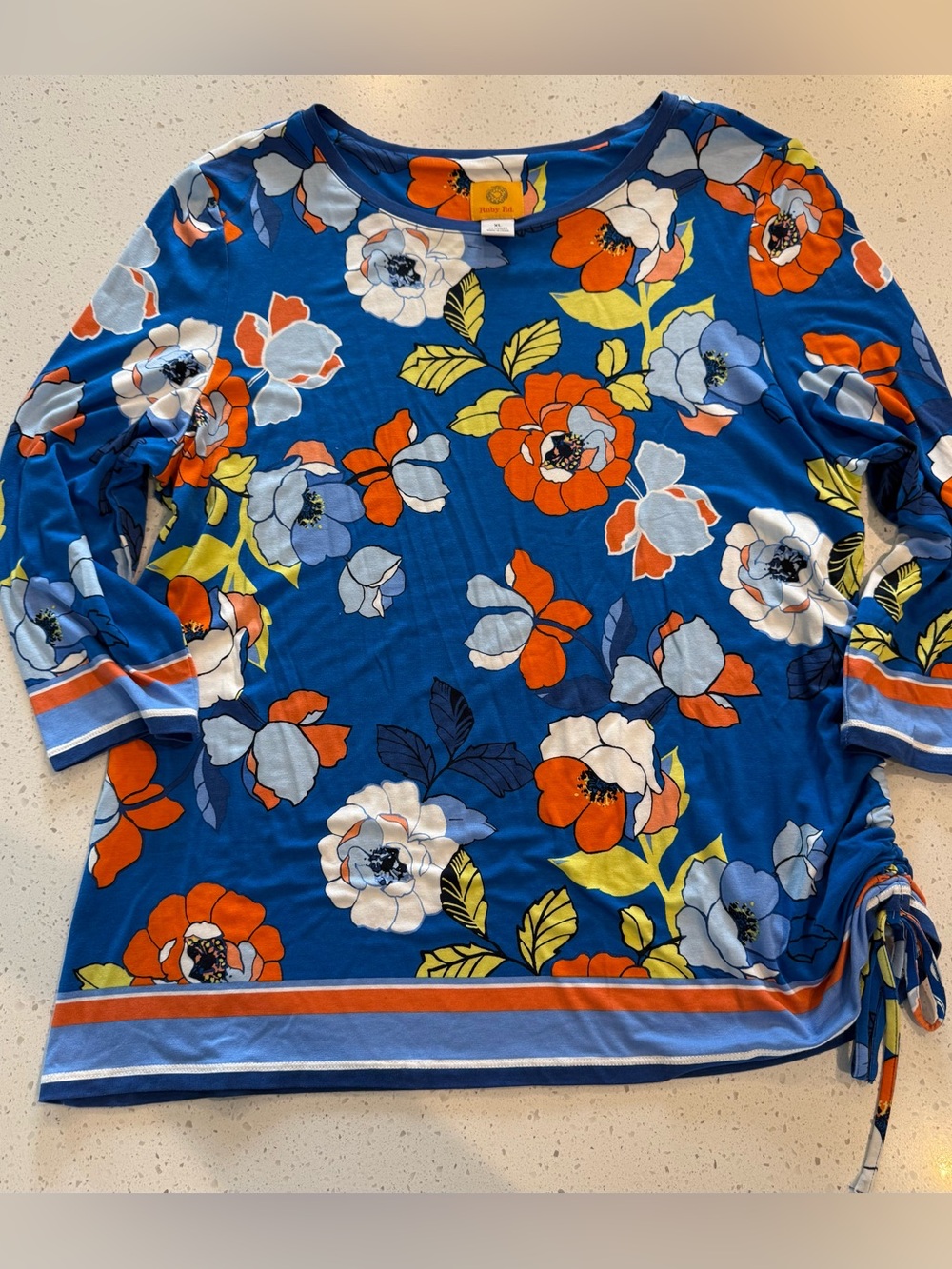 XL Ruby Rd Hothouse Blue Multicolor Floral 3/4 Sleeve Top Gathered Side Women’s